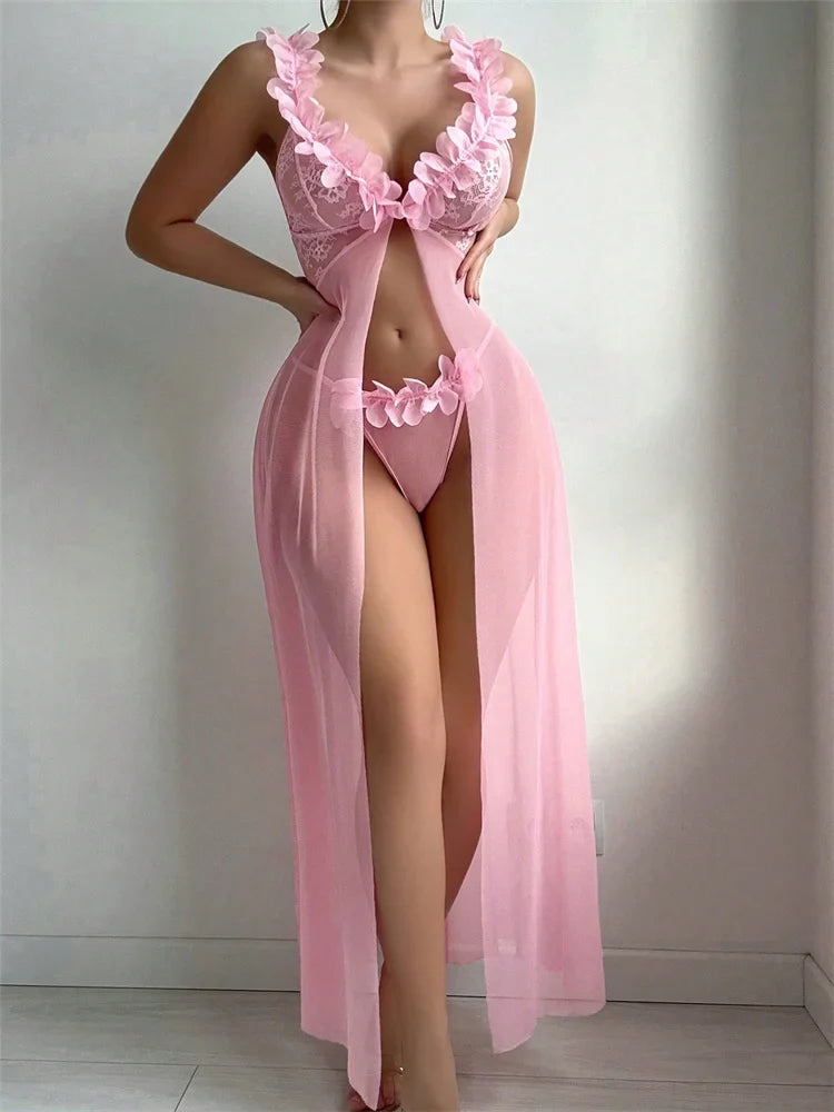 Pink Floral Sexy Lingerie Dress Women Nighties Exotic Babydolls Slip Nightdress Deep-V Lace Mesh See Through Nightgowns