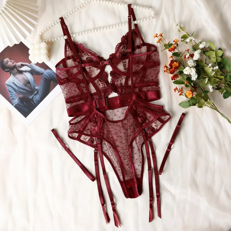 Toucheart Lace Sexy Skinny Babydoll Bodysuit Embroidery Erotic Private Adult Suit Solid Color Patchwork High Waisted Sexy Set