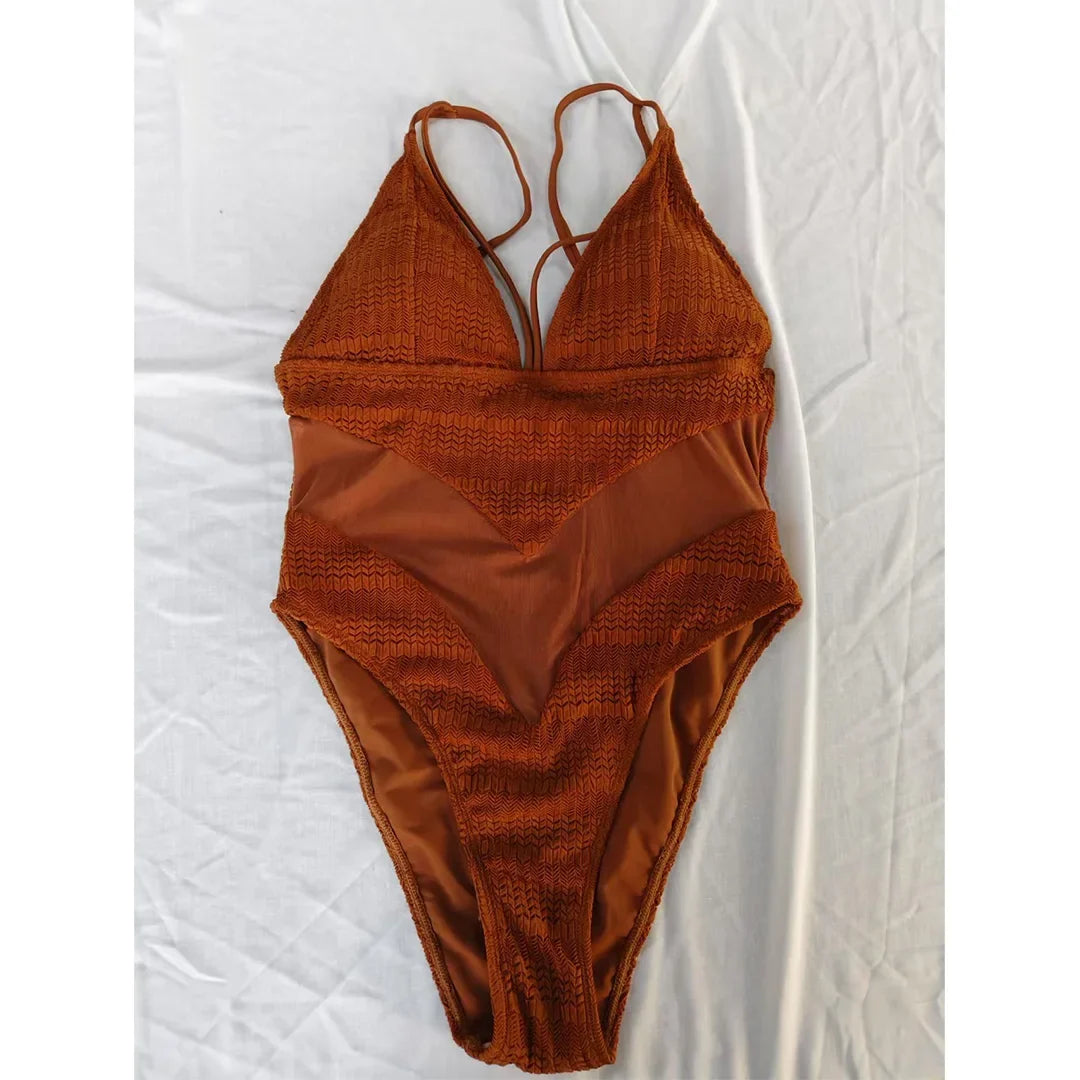 S - XXL 5 Colors V Neck Mesh Sheer Women Swimwear One Piece Swimsuit Female High Leg Cut Monokini Bather Bathing Suit Swim V6168