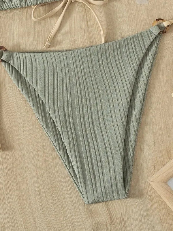 Sexy Rib Texture Triangle String Bikini Set Women Push Up Padded Thong Swimsuit Female Cut Out Bathing Suit Swimwear Biquini