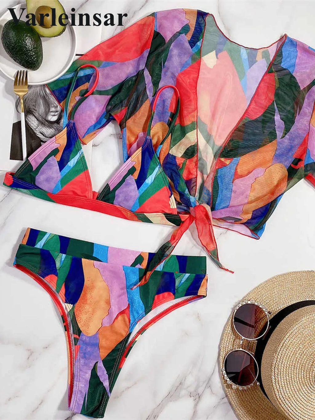 S - XXL Colorful Print High Waist Bikini Female Swimsuit Women Swimwear Three-Pieces Bikini Set Bather Bathing Suit Swim V2805