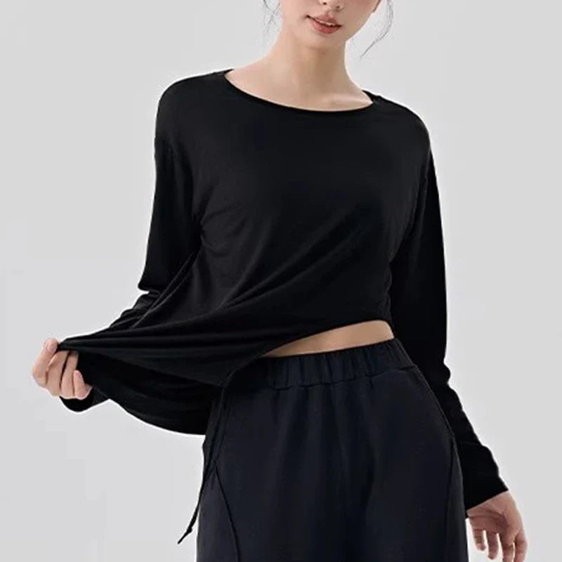 Women's Slimming Long-Sleeved Yoga Suit Sports T-Shirt with Drawstring Waist for Pilates Outdoor Fitness Training