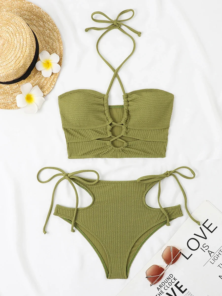 2026 Sexy High Wasited Swimsuit Women Solid Bikini Hollow Out Cross Swimwear Female Bathers Bathing Swimming Swim Suit Beachwear