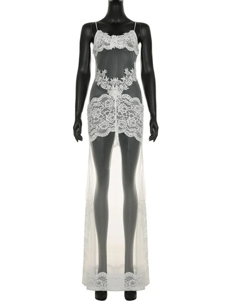 FDYOUI Sexy Lace Patchwork Mesh Long Dress Women Spaghetti Strap See-through Evening Party Dresses White Black Night Club Outfit