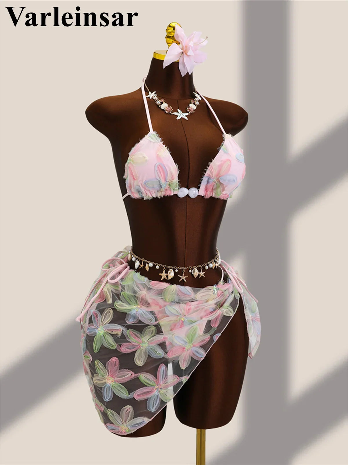 With Sarong Flower Printed Halter Bikini Female Swimsuit Women Swimwear Three-pieces Bikini set Bather Bathing Suit Swim V8321