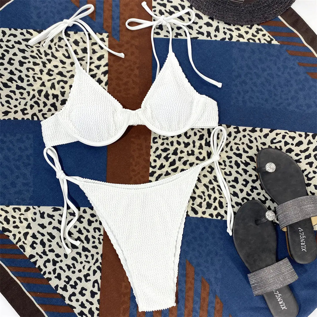 Wrinkled Strappy Underwired Bra Cup Bikini Female Swimsuit Women Swimwear Two-pieces Bikini set Bather Bathing Suit Swim K3097