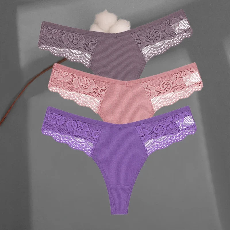 3Pcs/set Cotton Thongs Lace Bikini Underpants Women S-XL T-Back Underwear Ladies G-string Soft Thong Panties Female Lingerie New