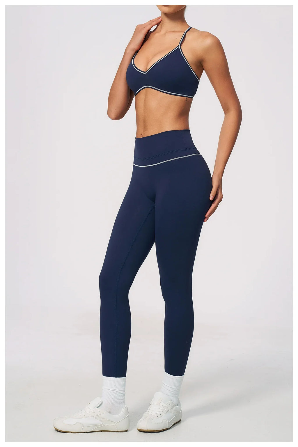 New Yoga Suit Women Color Blocked V-neck I Shape Sports Bra Fitness Clothes Summer Tight Running High Waist Leggings Tracksuit
