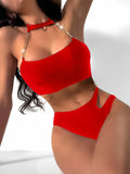 DEKA Women Push Up Metal Chain Neck Bikini Set Shoulder Straps High Waist Bottom Swimwear Women Swimming Beach Bathing Suit
