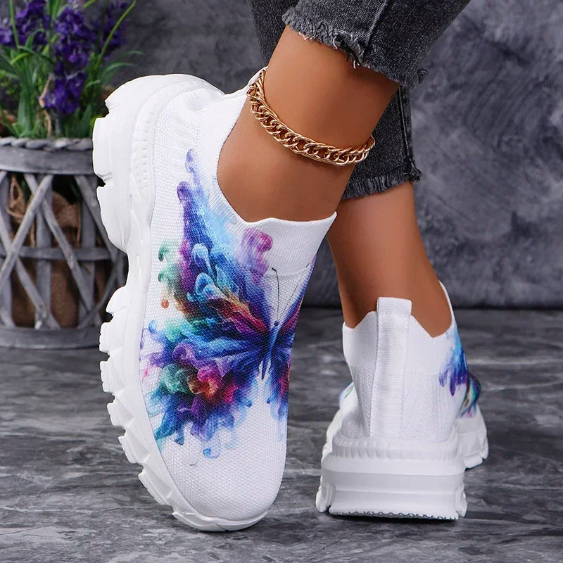 Fashion Butterfly Print Knit Sneakers for Women Breathable Mesh Platform Sneakers Shoes Woman Plus Size Thick Sole Walking Shoes