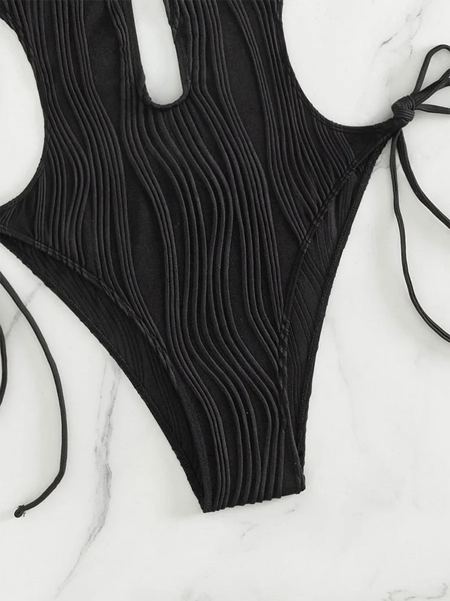 Sexy Halter V Neck Wrinkled Female Swimwear One Piece Swimsuit Women Backless Monokini High Leg Cut Bathing Suit Swim Beach Wear
