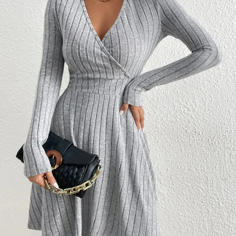 New for autumn/Winter Women Knit Slim Sexy Bodycon Dress V-Neck Long Sleeve Dress Solid Casual Midi Sweater Dress