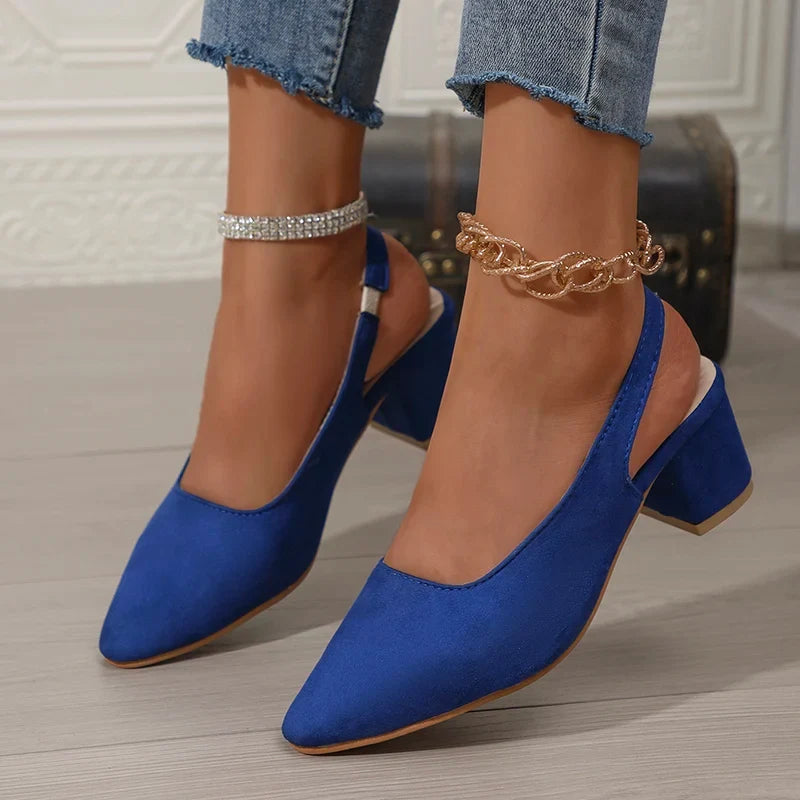Zoki Fashion Leopard Print Thick Heel Sandals Women Back Strap High Heels Sandals Woman Plus Size 42 Pointed Toe Slingbacks