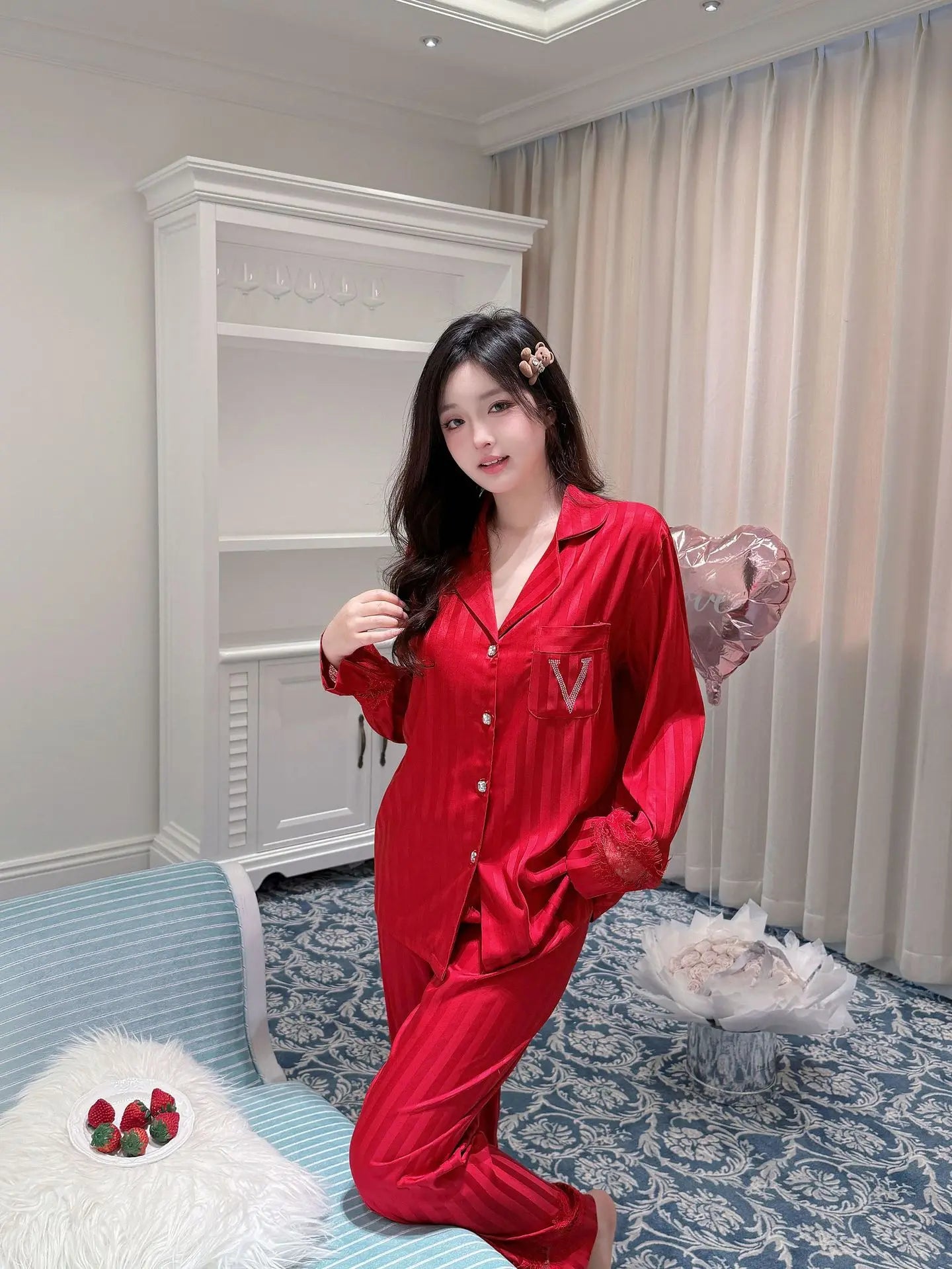Lace splicing light luxury pajamas for women long-sleeved ice silk silk early spring comfortable home wear set