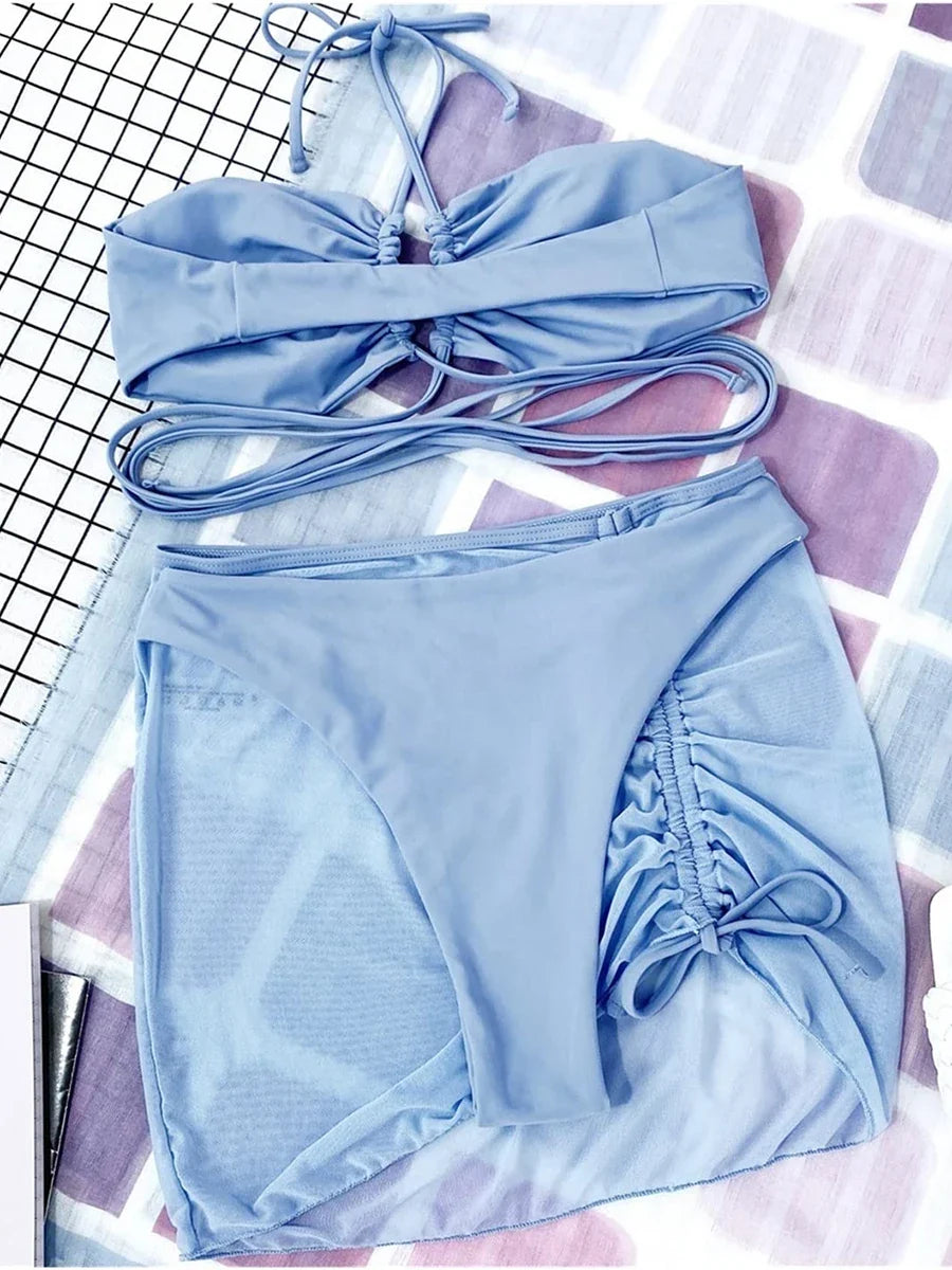 3 Pieces Criss Cross Halter Bikini 2026 Women & Beach Skirt Swimwear Female Sexy Swimsuit Beachwear Bathing Swimming Suit