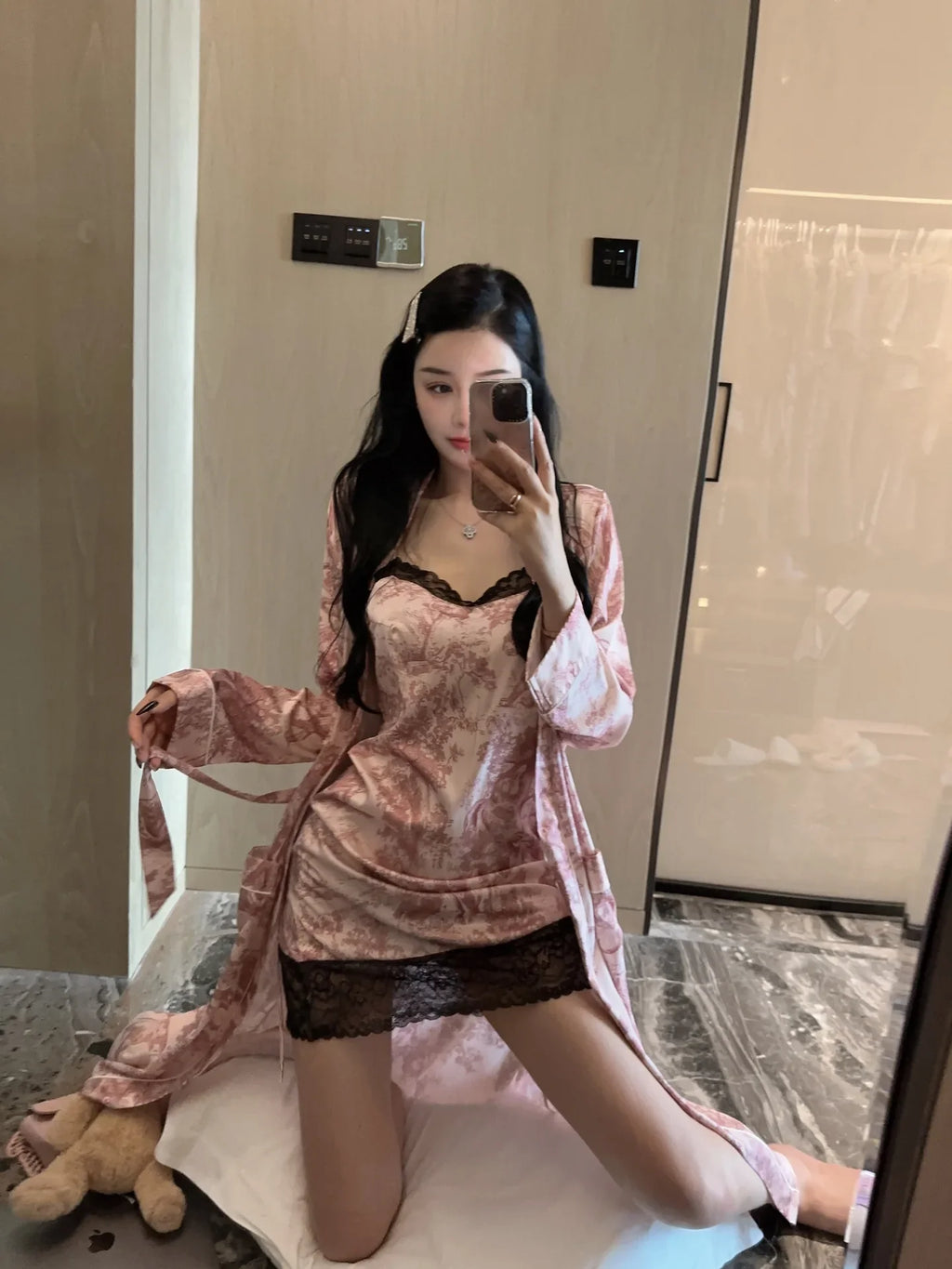 Ice Silk Sexy Pajamas Women's Spring and Autumn Suspender Lace Nightgown Robe High-end Home Clothes