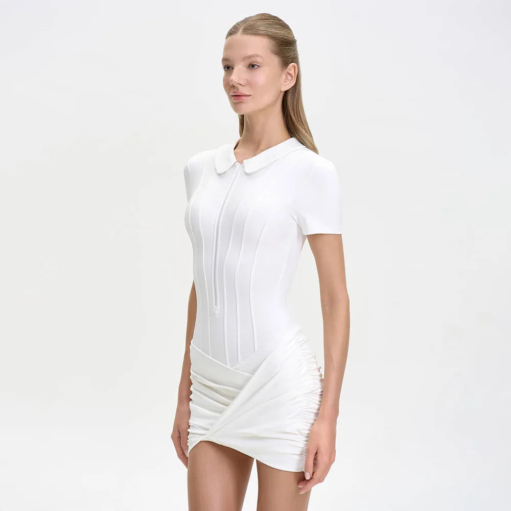FDYOUI Women's Polo Collar Zip-up Jumpsuit Dress Chic Short Sleeve Folds Solid Bodysuits One Piece Yoga Fitness Sporty Playsuits