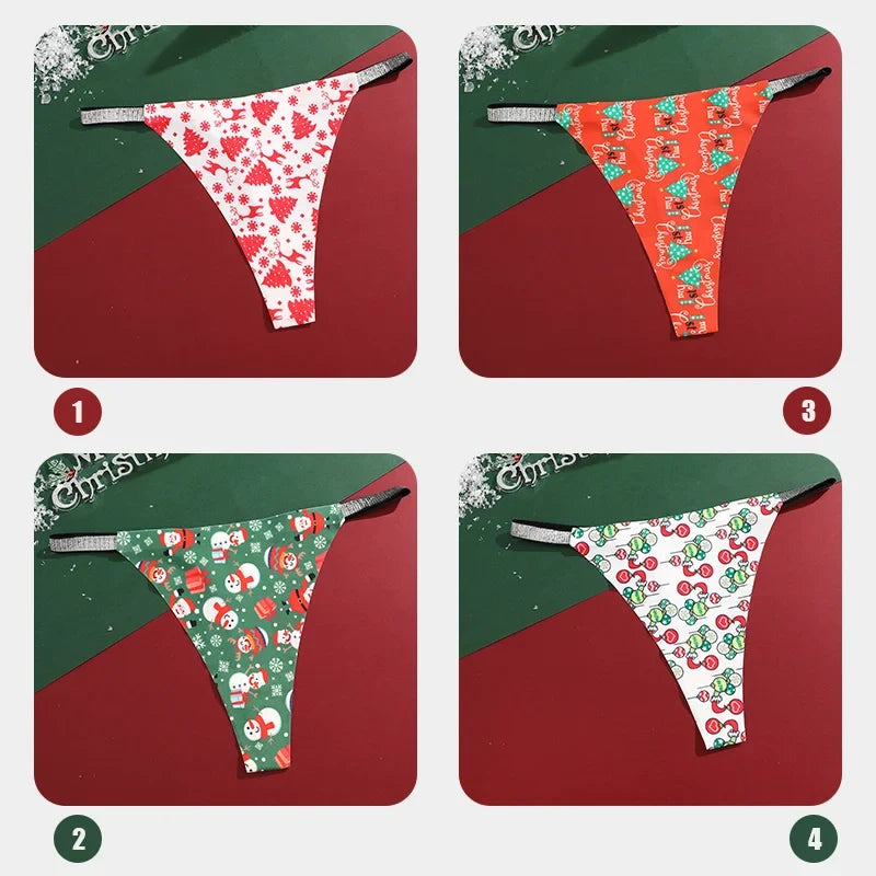 4Pcs Christmas Print Underwear Breathable Shiny Belt Thong Women Skin-friendly Fashionable Casual Christmas Gifts