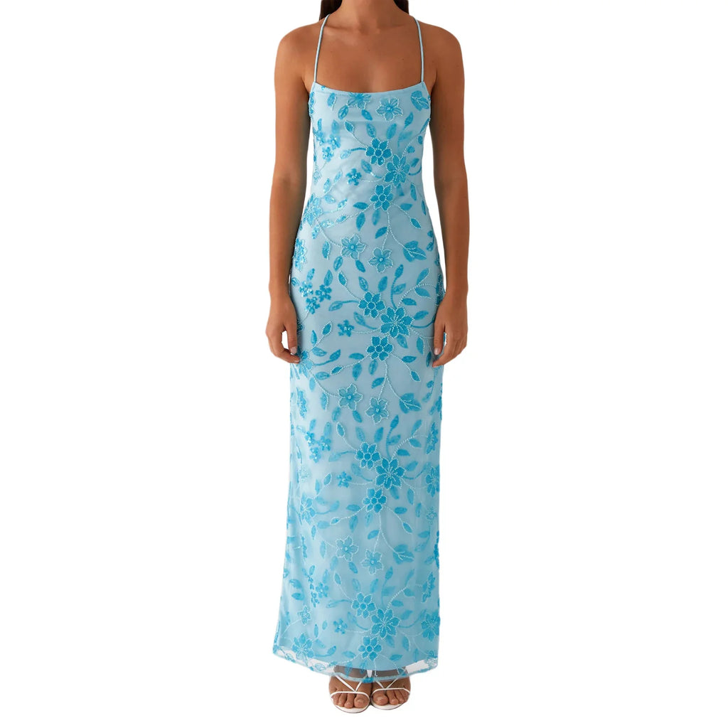 Women Summer Glitter Sequin Beaded Flower Cami Dress Slim High Split Spaghetti Strap Open Back Long Dresses for Party Club