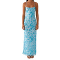 Women Summer Glitter Sequin Beaded Flower Cami Dress Slim High Split Spaghetti Strap Open Back Long Dresses for Party Club