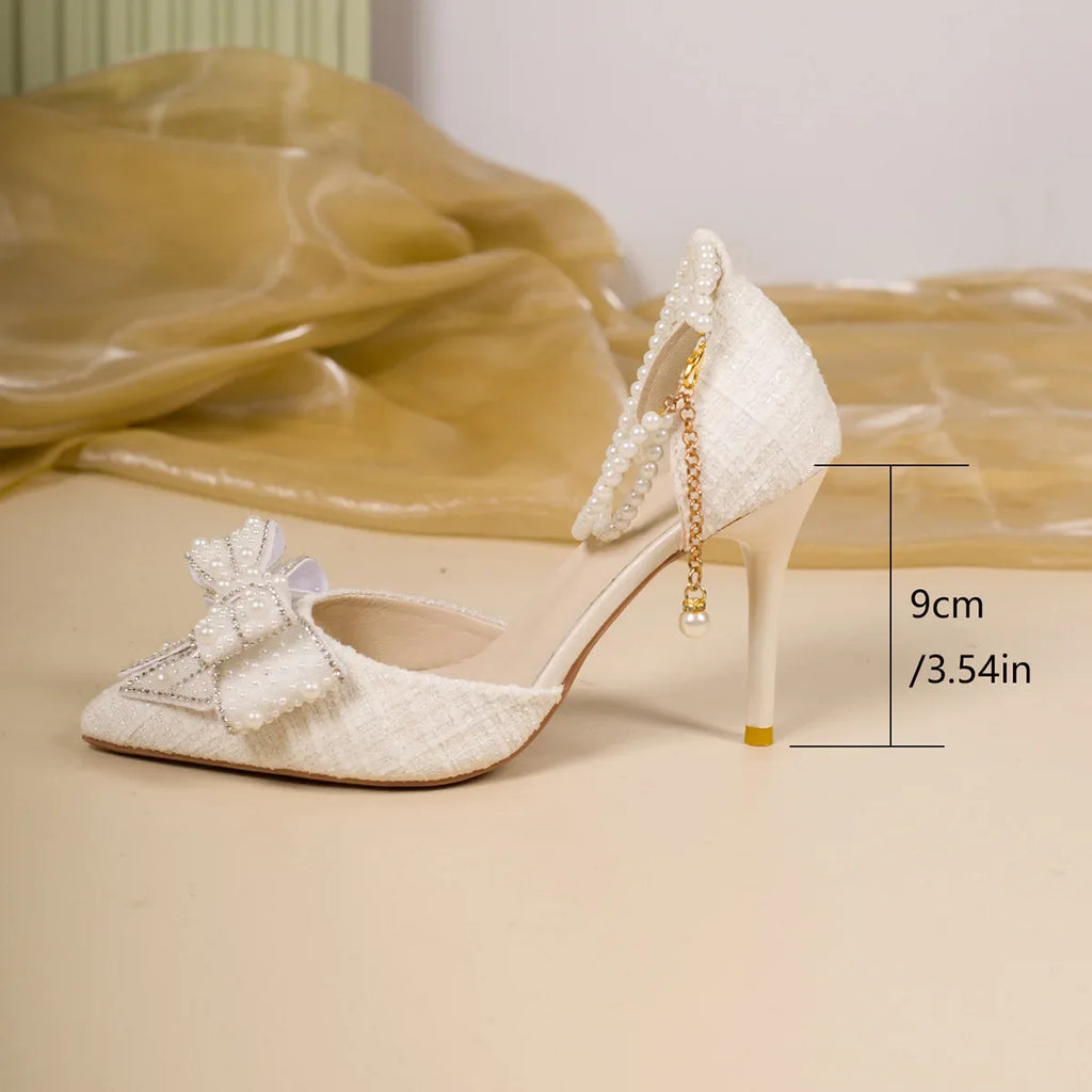 2026 new Design White Pearl Bowknot Women Pumps Sexy Pointed Toe High Heels Wedding Prom Shoe PVC Transparent Sandal Female