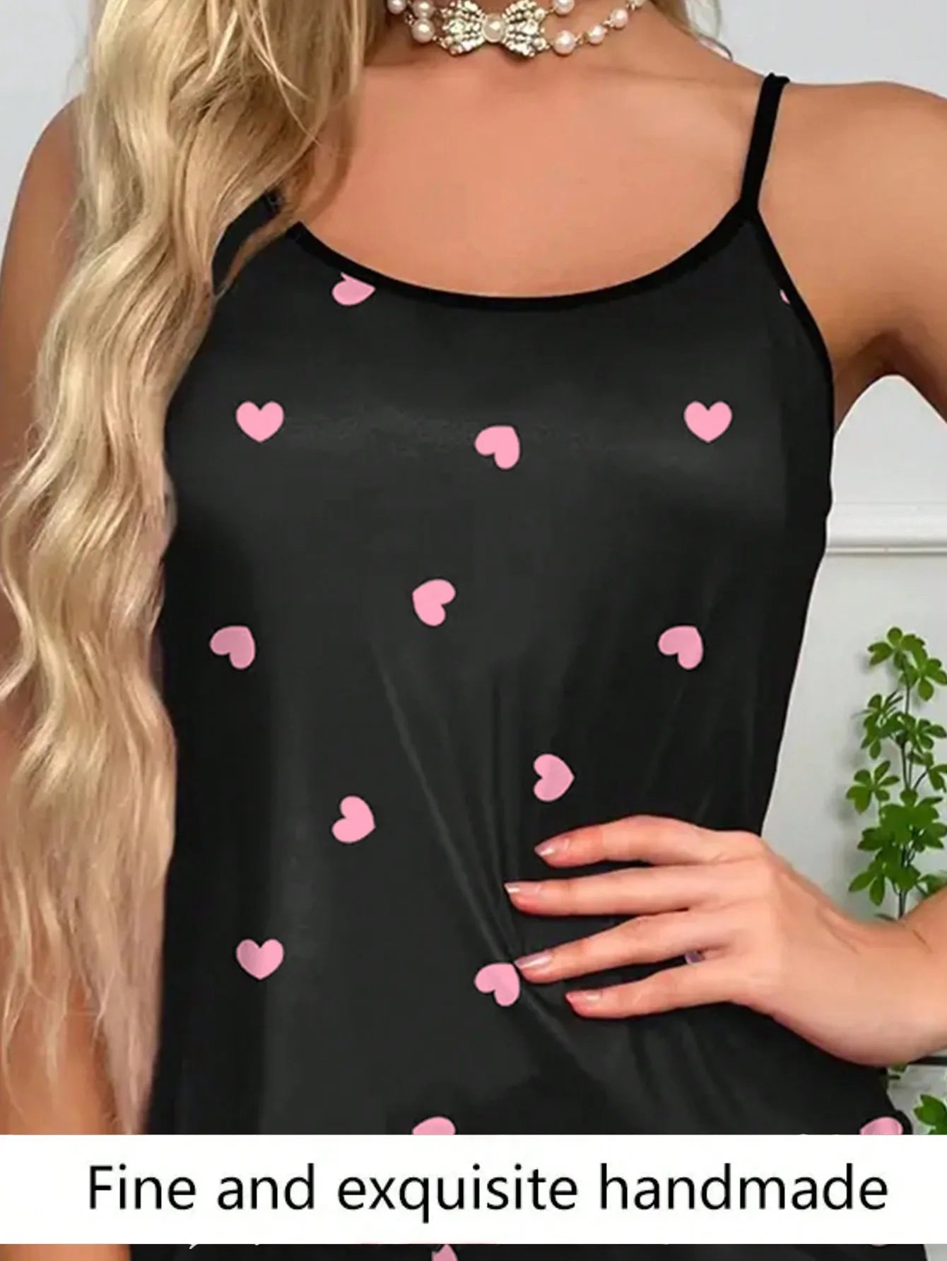 Heart Print Pajama Set Crew Neck Cami Top & Lettuce Trim Casual Round Sexy Women's Summer Sleepwear Soft Loungewear Nightwear