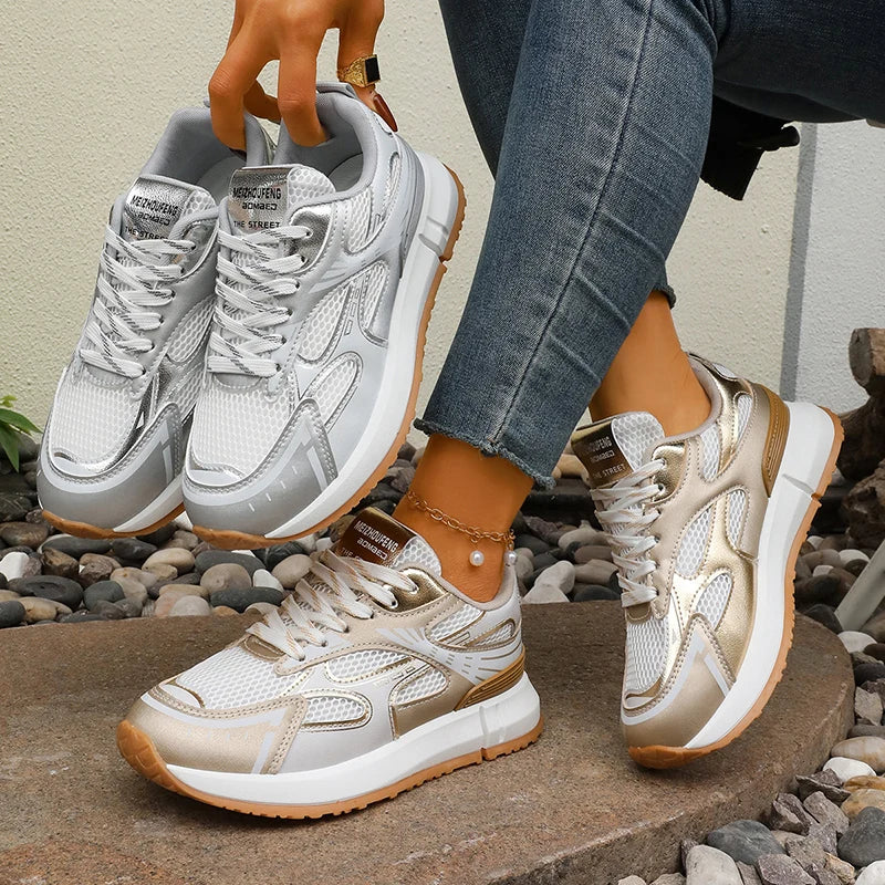 Breathable Mesh Gold Platform Sneakers Women 2026 New Non Slip Lace Up Sports Shoes Woman Silver Thick Bottom Vulcanized Shoes