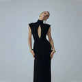 Ahagaga Fashion Sexy Women's Maxi Dresses Turtleneck Short Sleeves Hollow Out Lace Patchwork Sheath Split Party Solid Vestidos