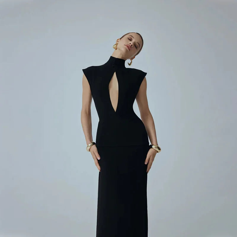 Ahagaga Fashion Sexy Women's Maxi Dresses Turtleneck Short Sleeves Hollow Out Lace Patchwork Sheath Split Party Solid Vestidos