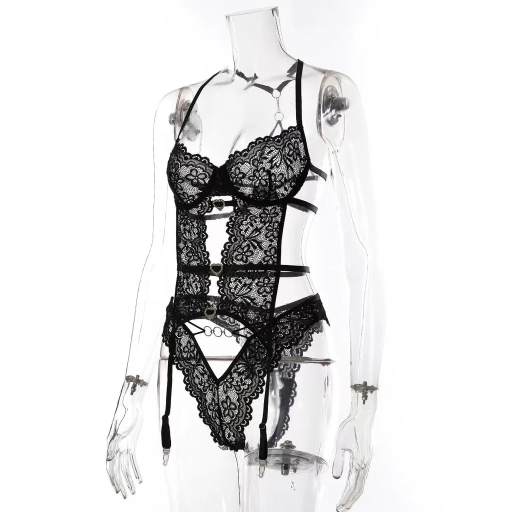 Sexy lingerie European and American Internet celebrity pure desire see-through mesh splicing sexy lace jumpsuit