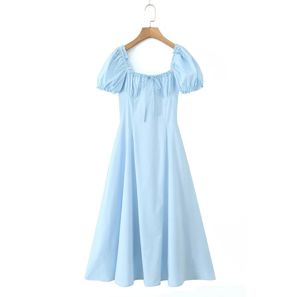 Bowknot Ruffles Light Blue Midi Dress Women's Summer Off Shoulder Short Sleeve Beach Dress Drawstring White A-line Vestidos 2025