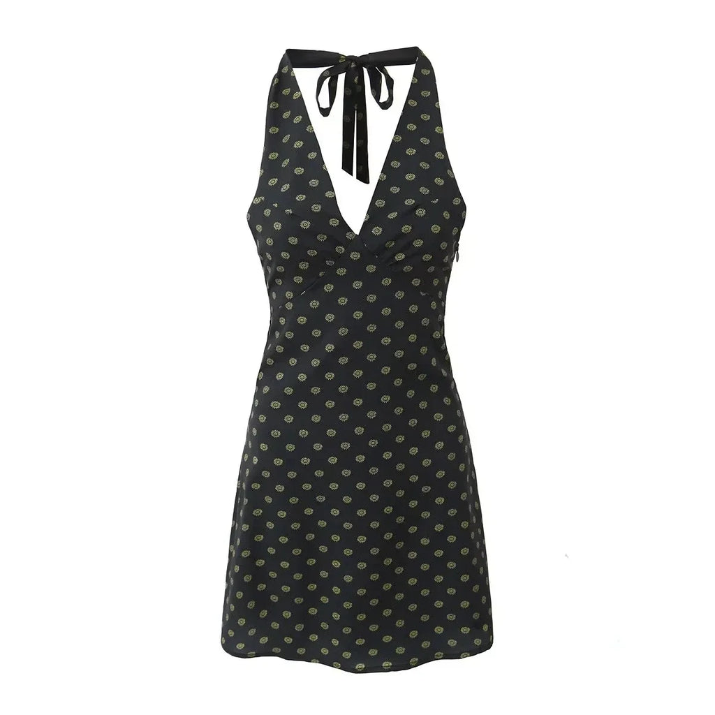 V Neck French Style Summer Women Dress Printed Boho Short Black Beach Dress Party Vintage Backless Tie Up Sexy Halter Dress 2025