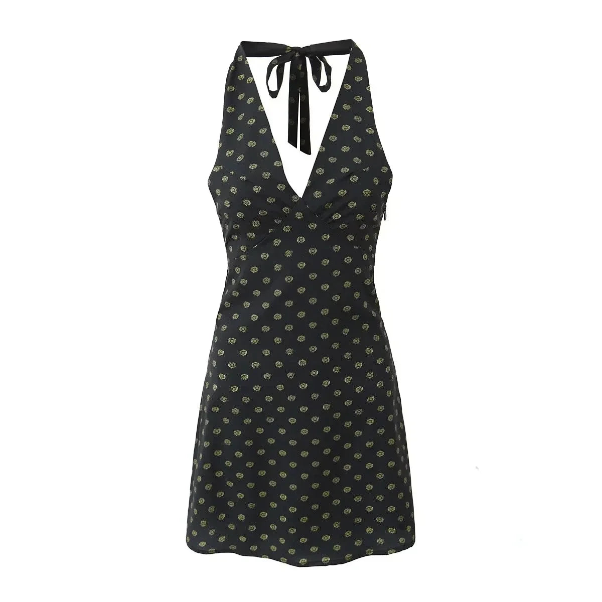 V Neck French Style Summer Women Dress Printed Boho Short Black Beach Dress Party Vintage Backless Tie Up Sexy Halter Dress 2025