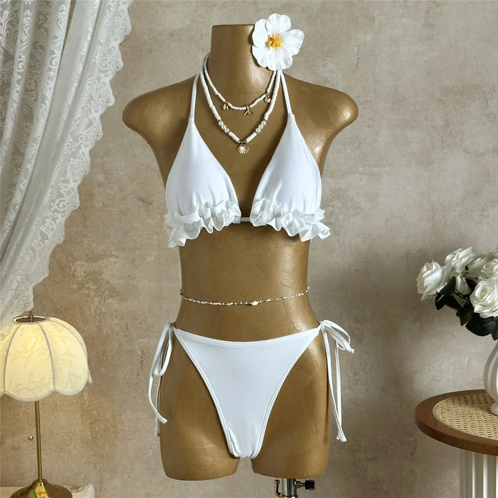 With Skirt Ruffled Frilled Halter Bikini Female Swimsuit Women Swimwear Three-pieces Bikini set Bather Bathing Suit Swim V7788