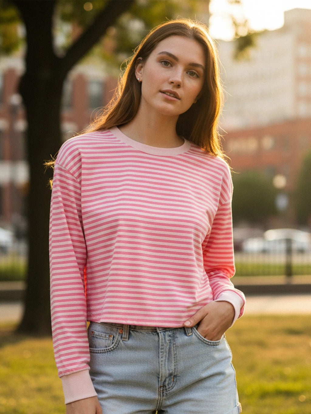 Spring Autumn Casual Loose Tops for Women Long Sleeve Round Neck Loose Fit Striped Print T-shirts