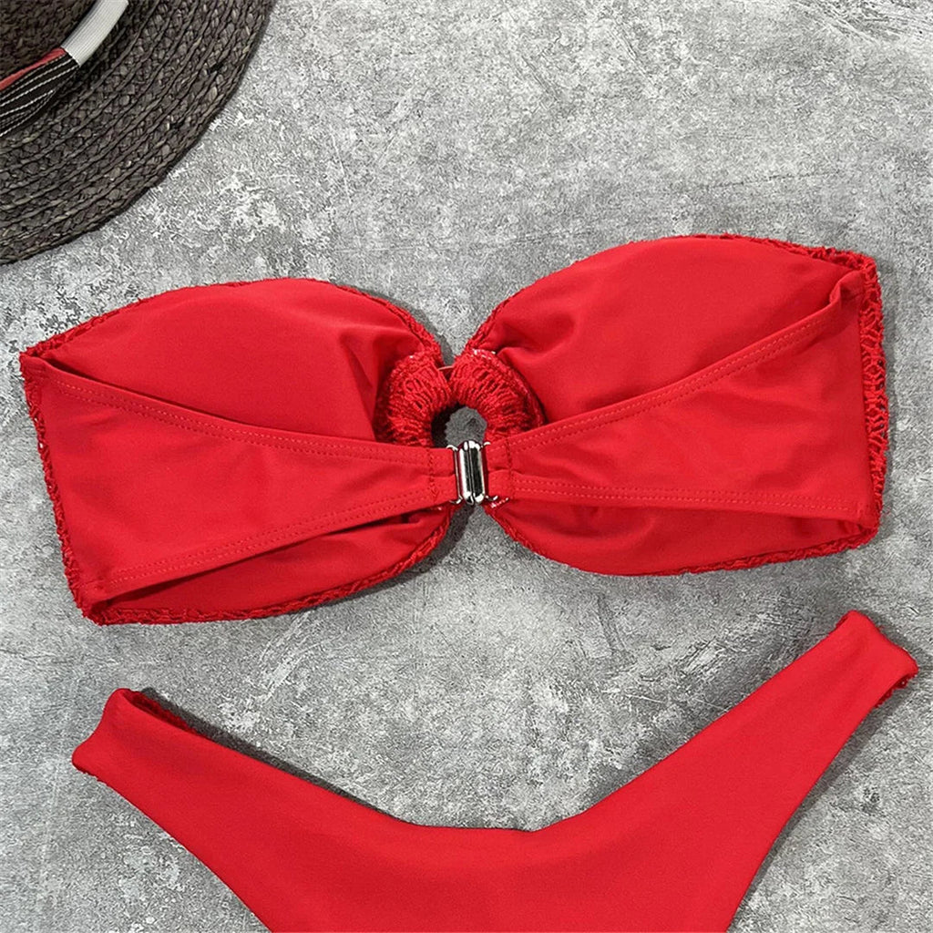 Wrinkled Bandeau High Cut Bikini Women Swimwear Female Swimsuit Two-Pieces Bikini Set Strapless Bather Bathing Suit Swim V3367