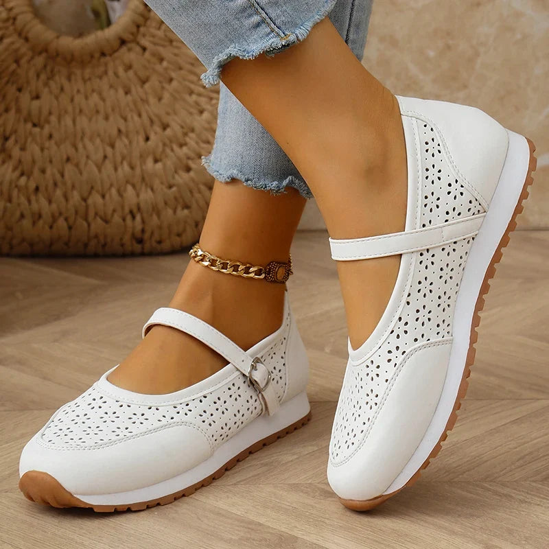 White Hollow Out Platform Sneakers Women 2025 Plus Size 36-43 Breathable Sports Shoes Woman Comfort Non Slip Walking Flats Mujer