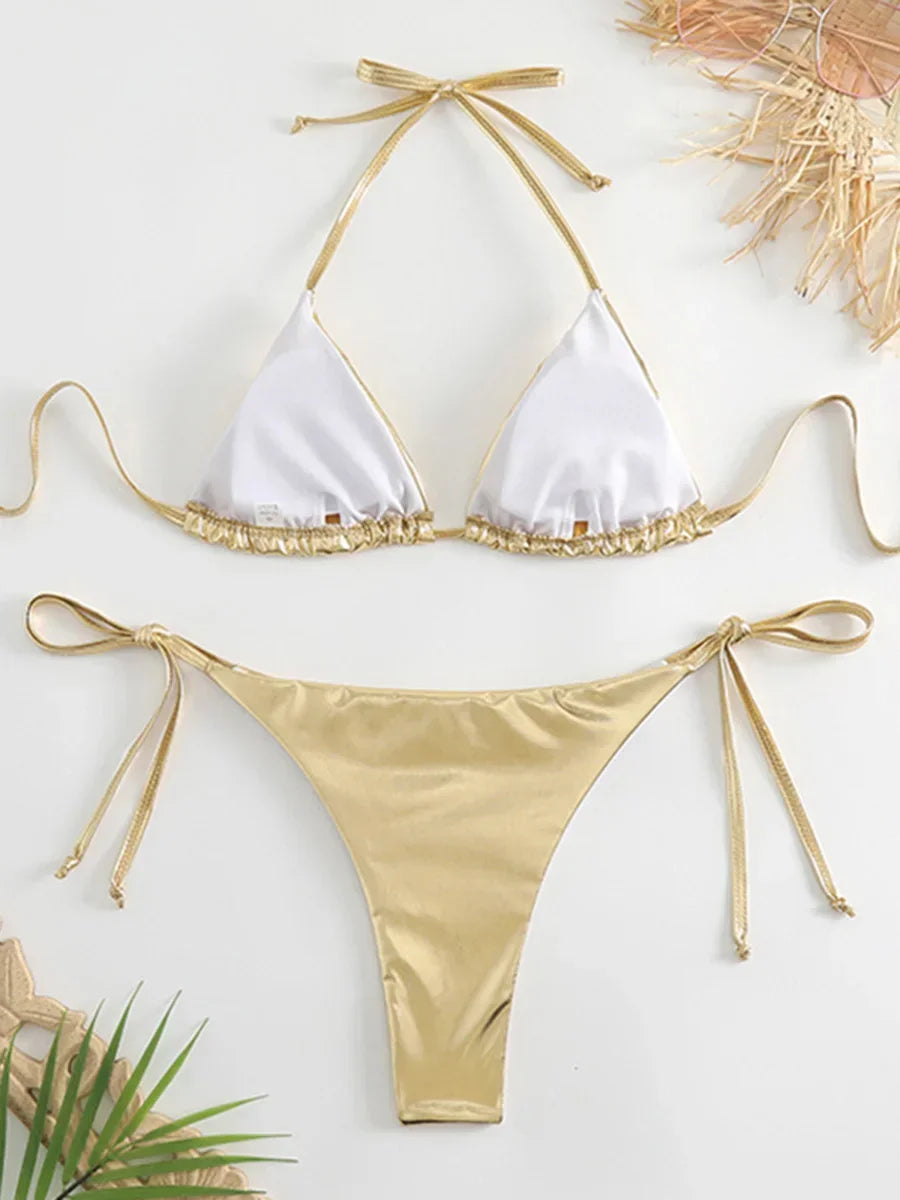 Sexy Shiny Pu Faux Leather Bikini 2025 Women Swimwear Female Swimsuit Two-pieces Bikini set String Bather Bathing Suit Swim Lady