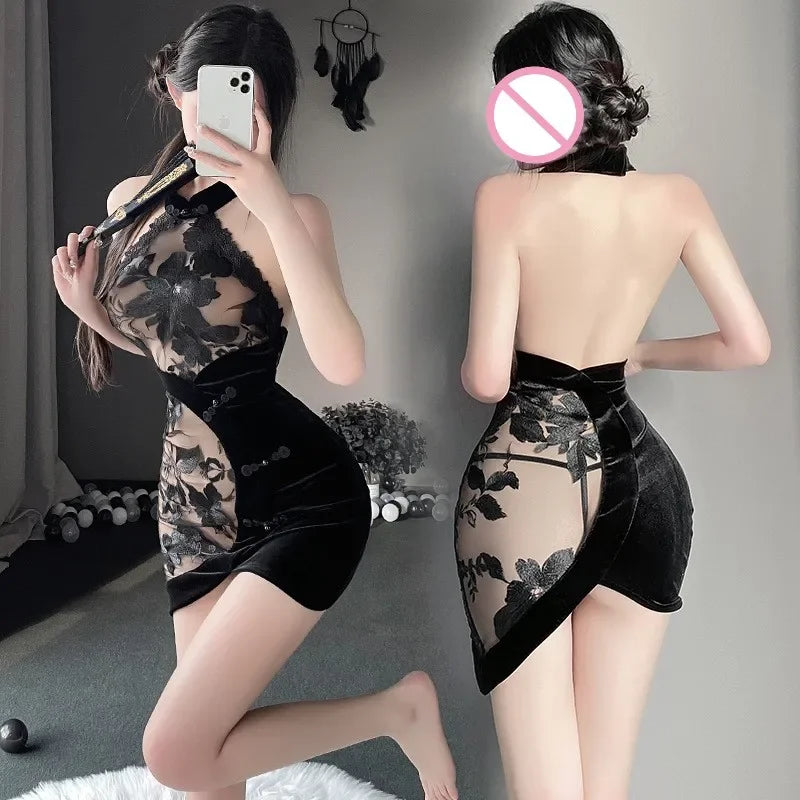 Lace See-through Embroidery Backless Halter Qipao Mini Dress Women Chinese Traditional Cheongsam Sexy Lingerie Elegant Clothes