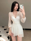 Swimsuit Women's Summer New One-piece Skirt Style Slimming Lace Long Sleeved Small Chest Steel Support Hot Spring Swimsuit