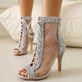 Plus Size 48 Sexy Black Sequined Summer Boots Peep Toe Cross-tied Ankle Boots Zipper Silver Thin High Heels Boots Party Shoe