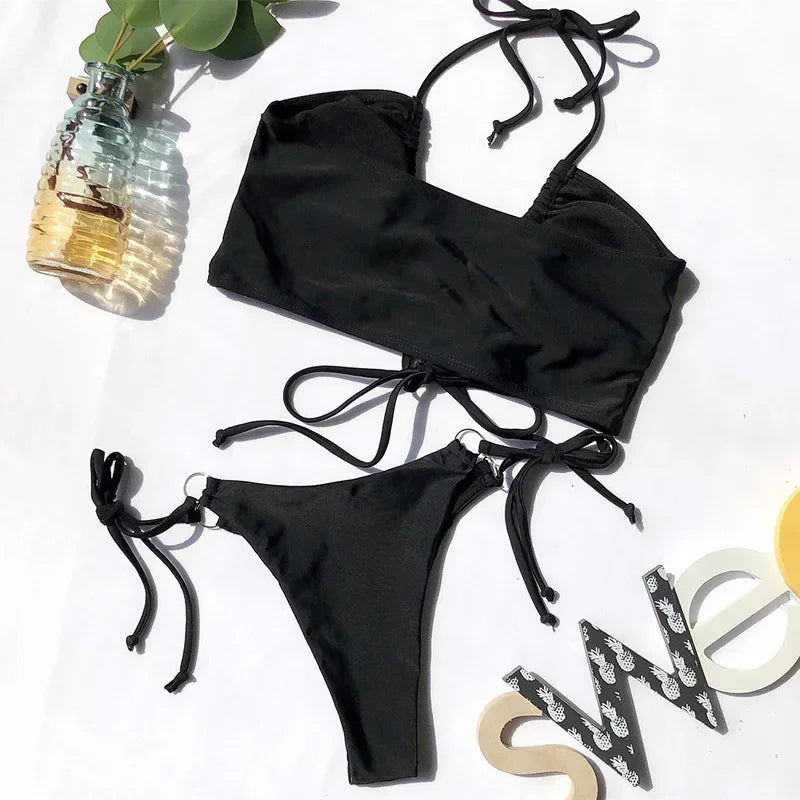 Sexy High Cut Leopard Bikini Women Thong Swimwear Female Swimsuit Two-pieces Bikini set Lace Up Bather Bathing Suit Swim Lady