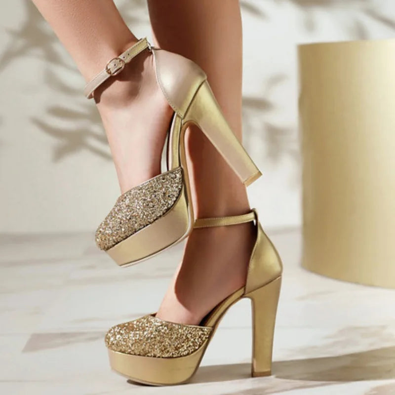 Sequins Glitter Closed Toe Bling Bling Sparkle Women Summer Block High Heels for Evening Dress Platform Sexy Gold Silver Sandals