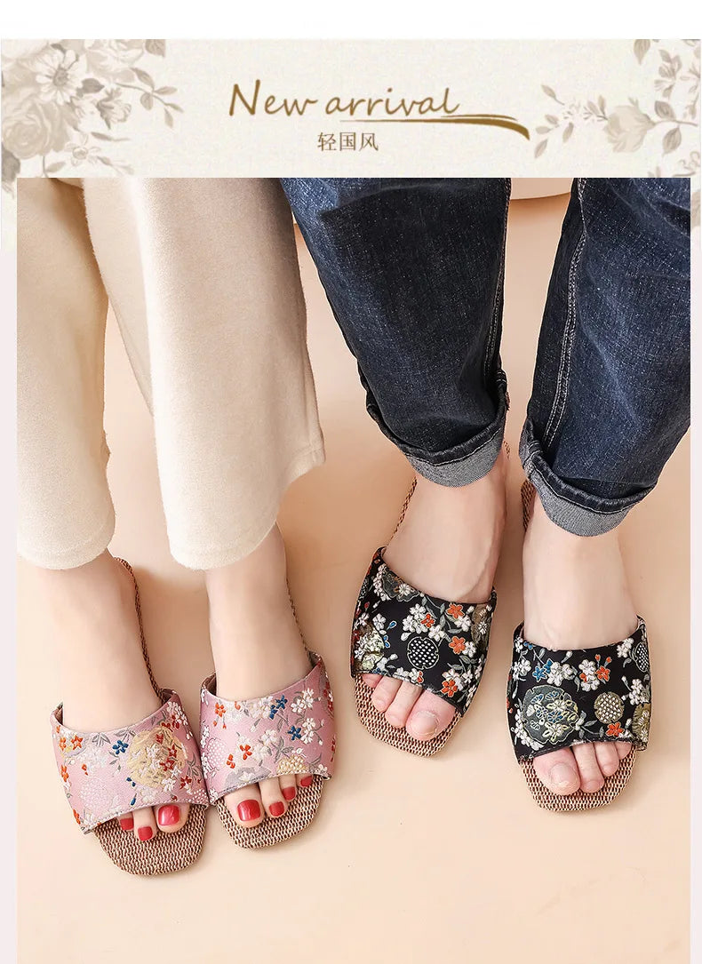 Breathable Indoor Linen Slippers For Women Men Home Floor Shoes Chinese Style Emrobidery Anti-slip Couples House Bedroom Slides