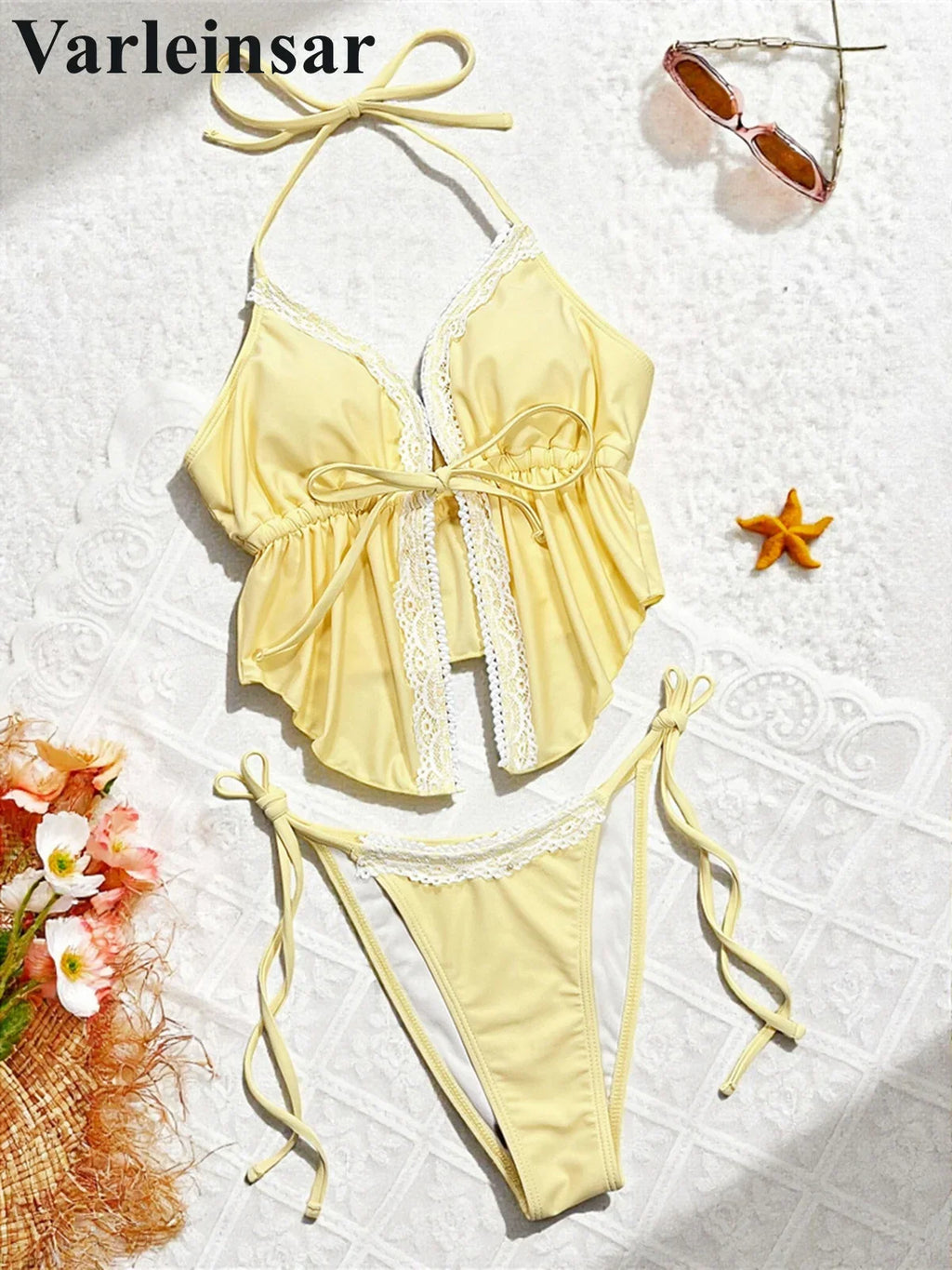 Sexy Lace Halter Tankini High Leg Cut Bikini Women Swimwear Female Swimsuit Two-Pieces Bikini Set Bather Bathing Suit Swim V8157
