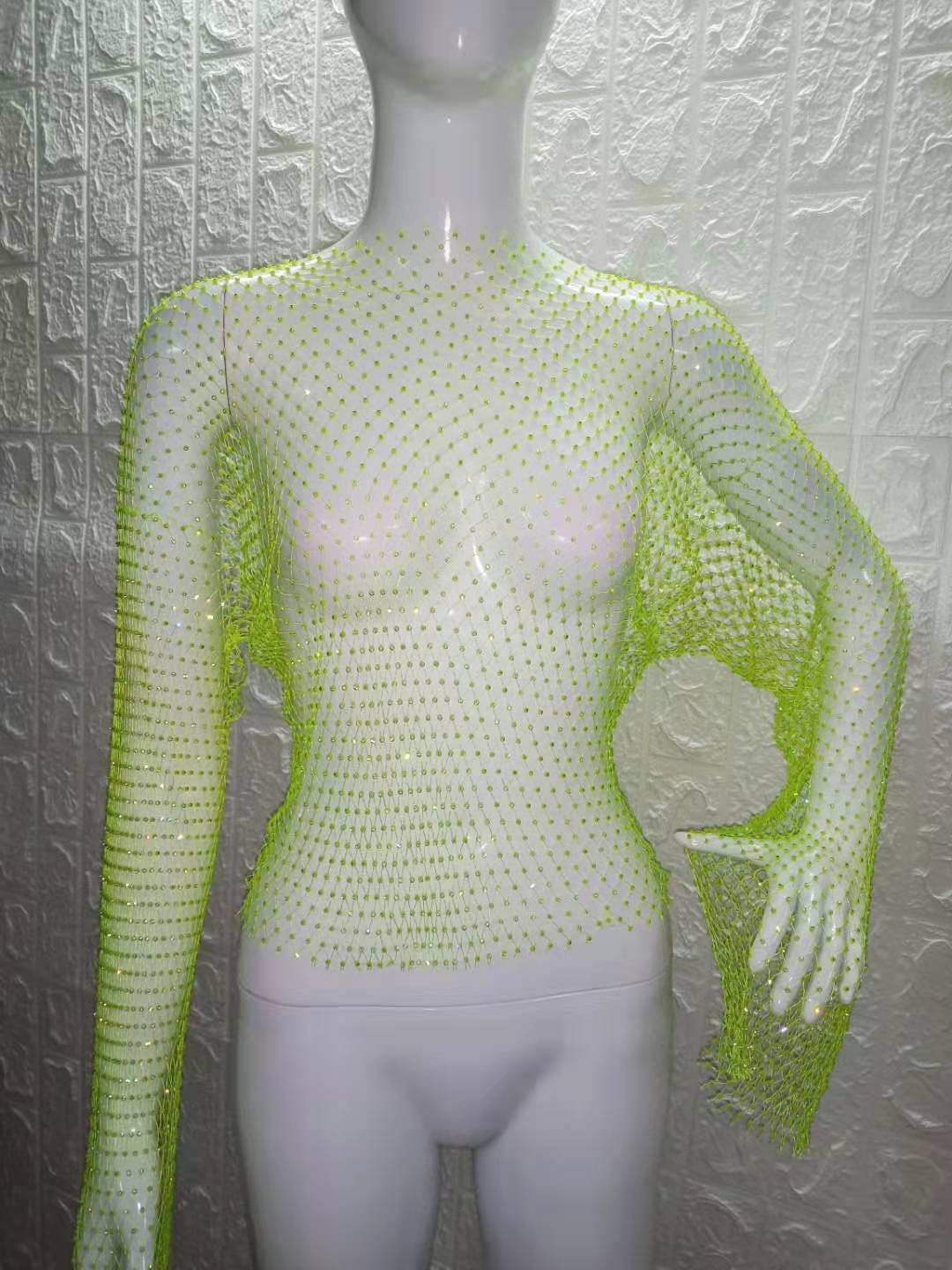Women Rhinestone Fishnet T-shirt Solid Color Long Sleeve Crop Tops See Through Hollow Out Sexy Shirts Female Smock Tops