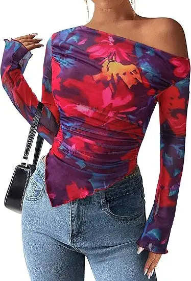 Women's Off-Shoulder Ruffled Sleeve Long-Sleeve Top with Asymmetrical Tie-Dye Mesh Asymmetrical Pleated Floral Print T-Shirt