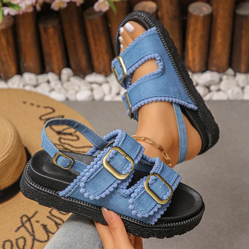 2026 Summer Denim Platform Sandals Women Fashion Buckle Thick Bottom Rome Sandles Woman Plus Size Non Slip Soft Sole Sandalias