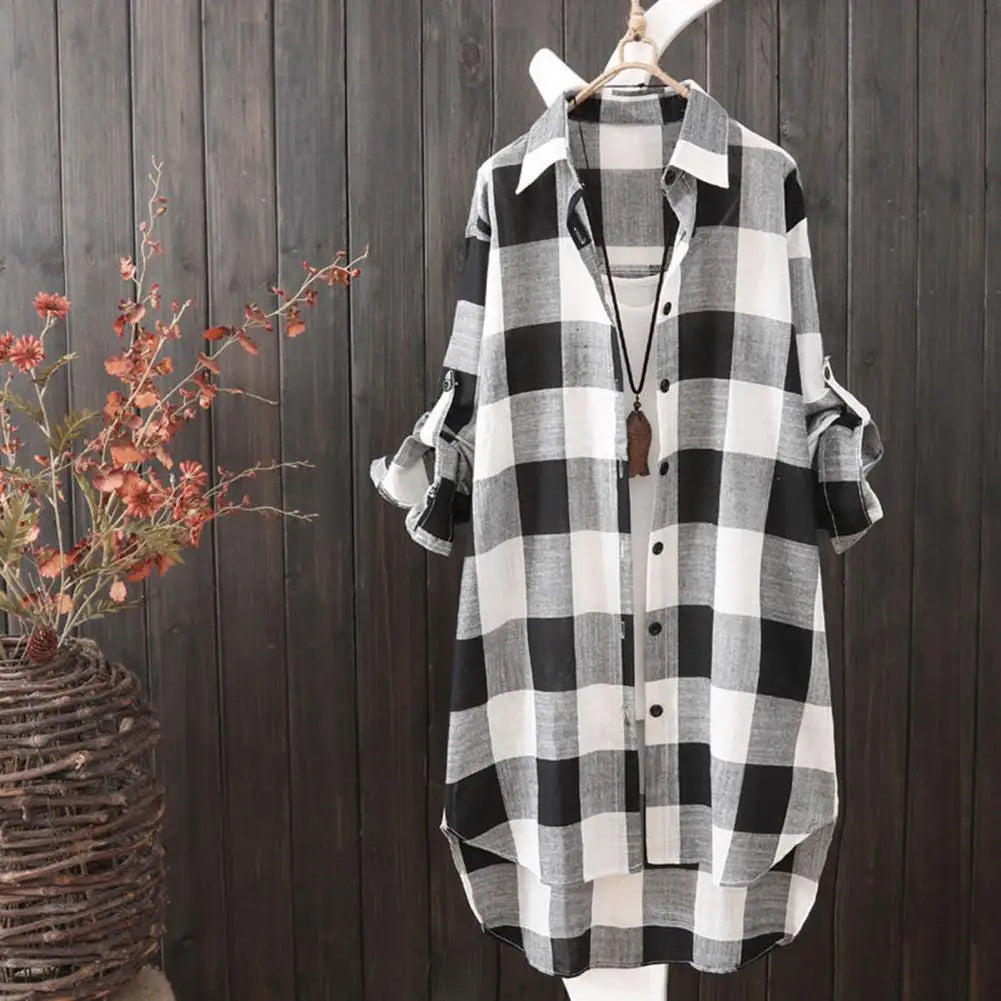 Long Sleeve Lapel Oversized Shirts Women Shirt Plaid Print Irregular Hem Single-breasted Soft Breathable Lady Long Top