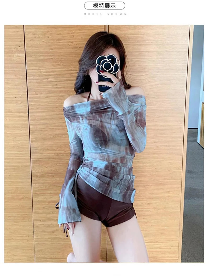 Swimsuit Women's Split Three-piece Long-sleeved Fashion Tie-dye Blouse Sexy Bikini Conservative and Slim Swimsuit